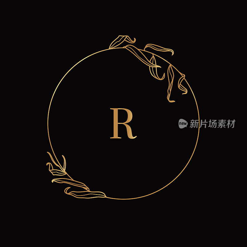 Golden frame of willow branches. Round icon in a trendy minimalistic linear style. Vector monogram with the letter R